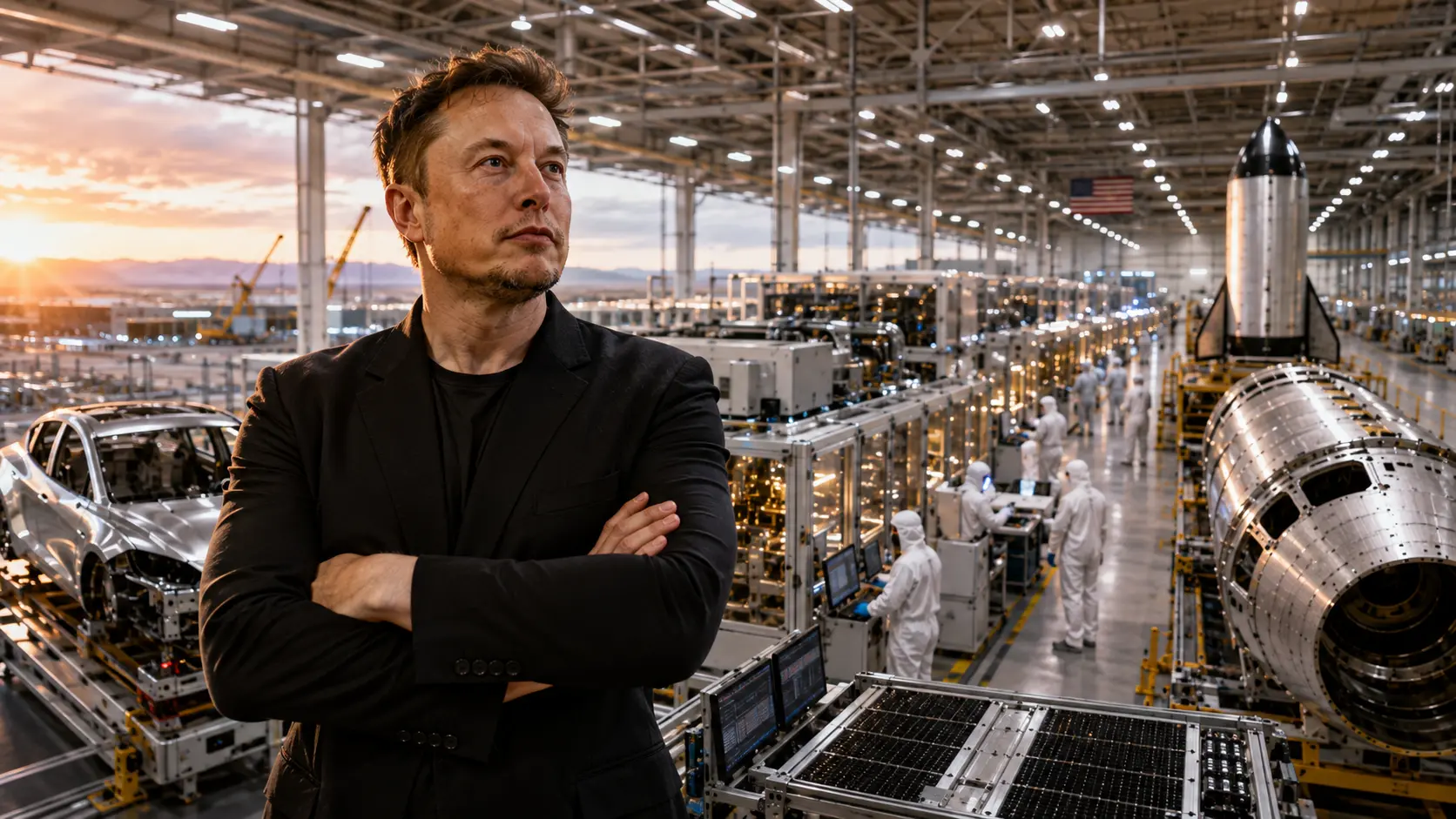 Elon Musk met geavanceerde AI-chipfabriek met halfgeleiderapparatuur, voertuigproductie en ruimtevaartcomponenten in een grootschalige industriële faciliteit.