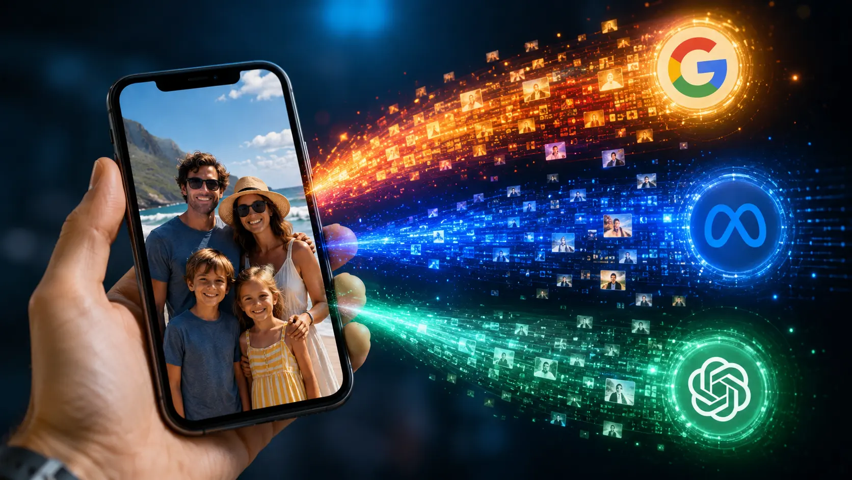 Een telefoon met een foto, datastream naar de AI-platformen