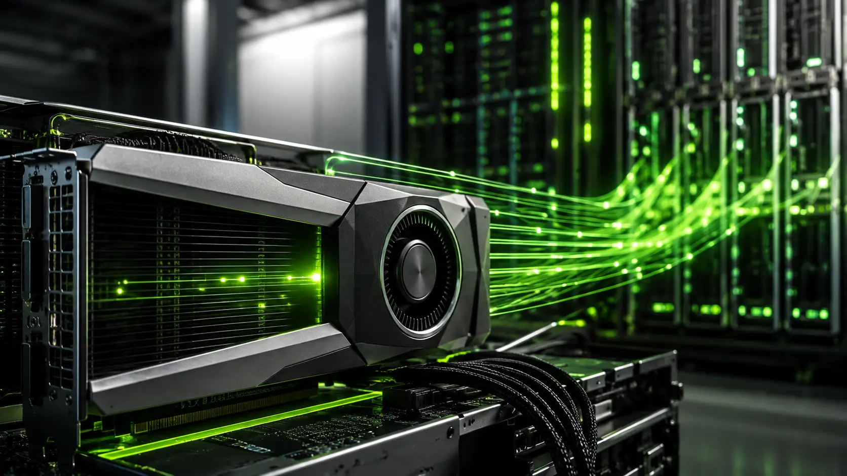 NVIDIA-green compute paths illuminate a GPU and server hardware, representing CUDA software accelerating GPU workloads.