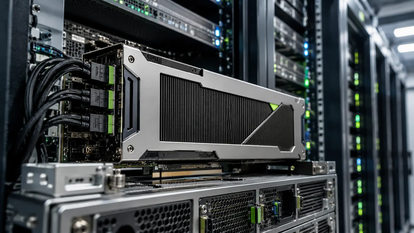 GPU-accelerator in een modern datacenter, omringd door serverracks voor krachtige AI-computing.