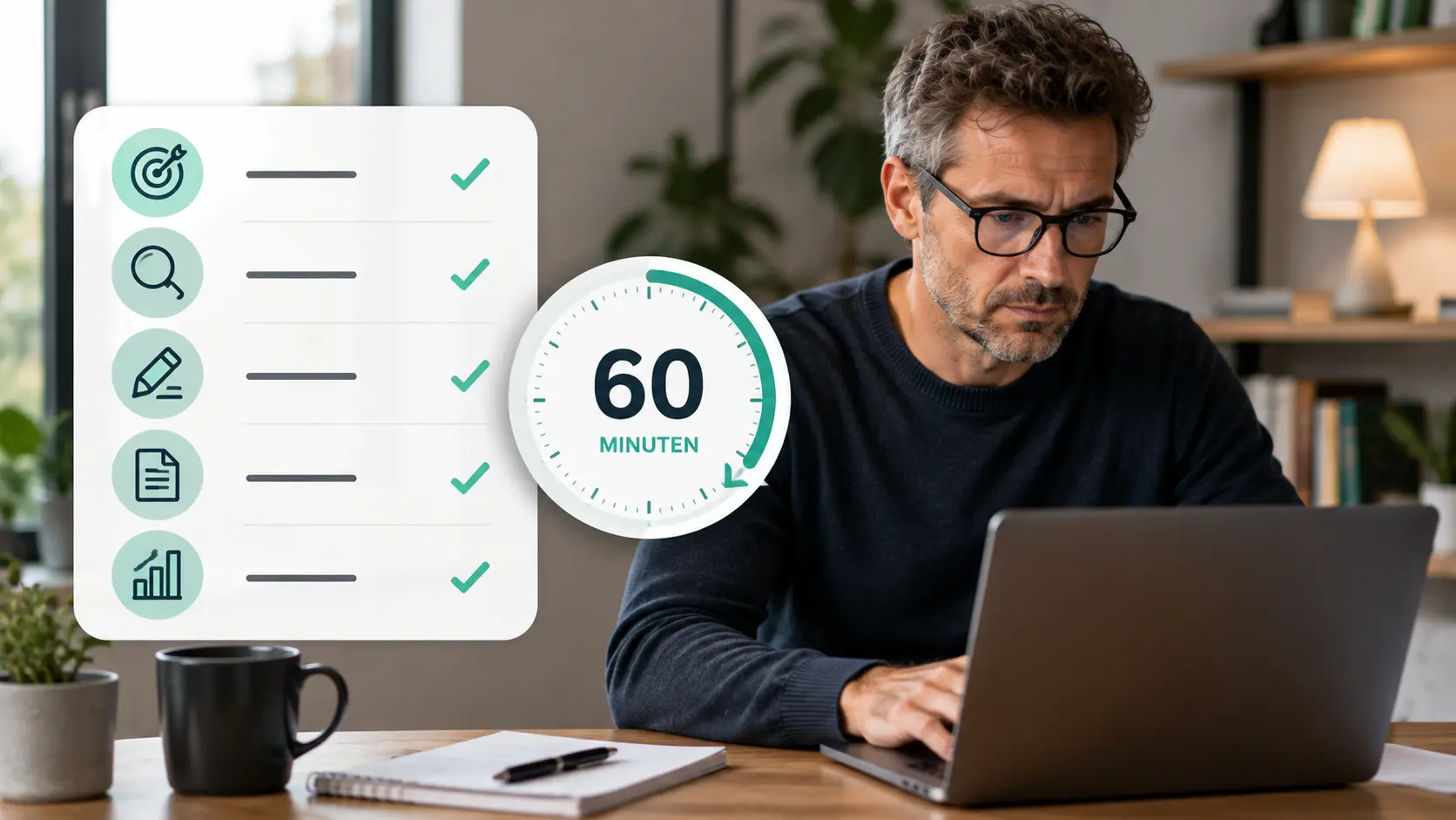 Een zzp'er werkt geconcentreerd aan een laptop in een lichte thuiswerkplek, met een eenvoudige visuele checklist en een 60-minutentimer die een wekelijkse AI-routine symboliseren.