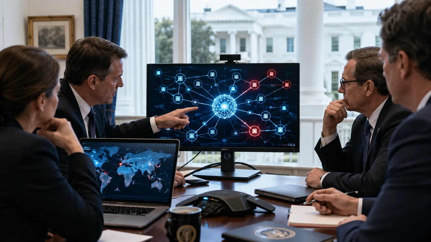 Beleidsmedewerkers bespreken AI-agentbeveiliging rond cybermonitoren in een vergaderruimte bij het Witte Huis.
