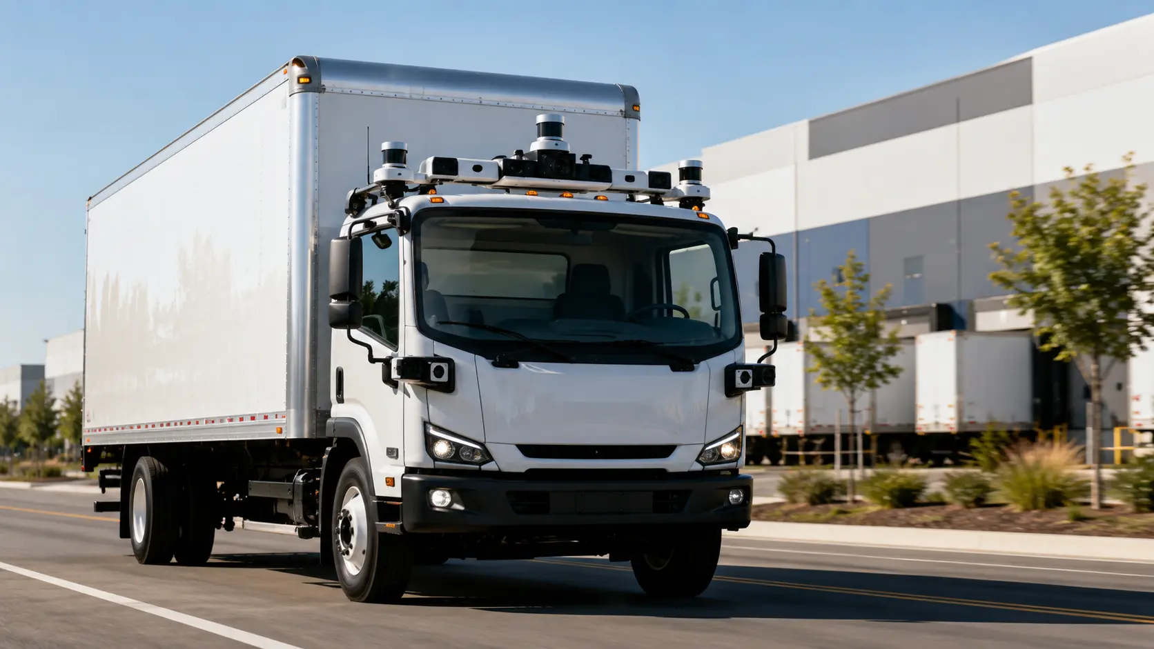 Zelfrijdende vrachtwagen met autonome sensoren rijdt zonder chauffeur langs een modern distributiecentrum.