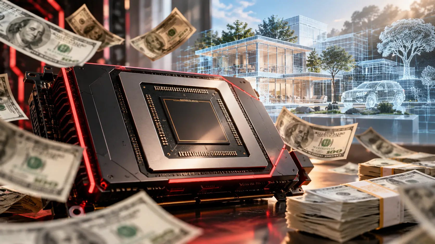 AMD-style AI accelerator surrounded by US dollar bills, with a luminous spatial 3D environment representing World Labs.