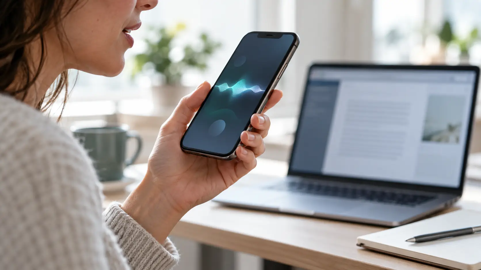 Een vrouw spreekt in een smartphone met een audiogolf op het scherm; achter haar staat een laptop met een document open.