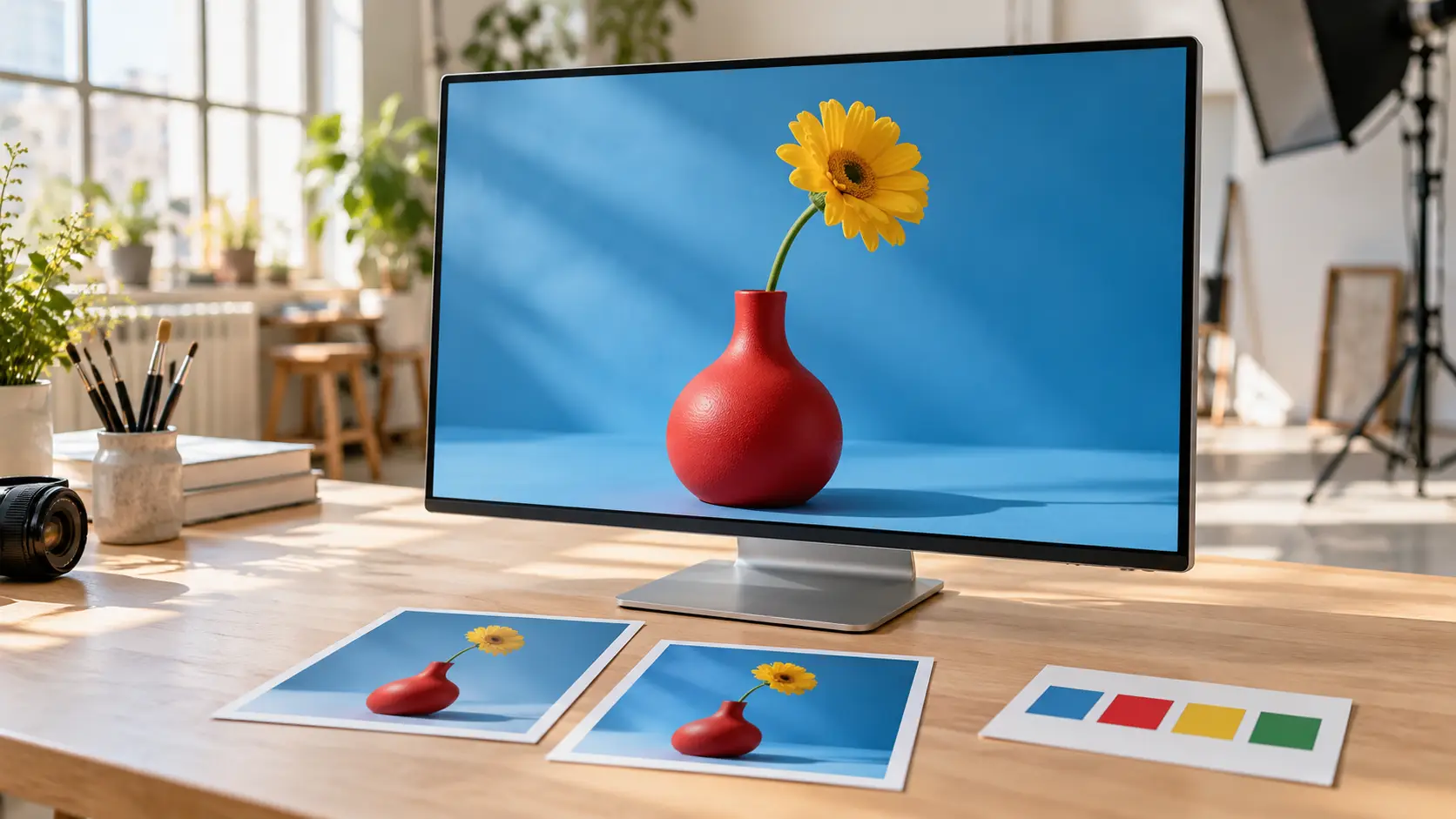 Monitor met een bloem in een rode vaas, naast fotoafdrukken en kleurstalen in een lichte fotostudio