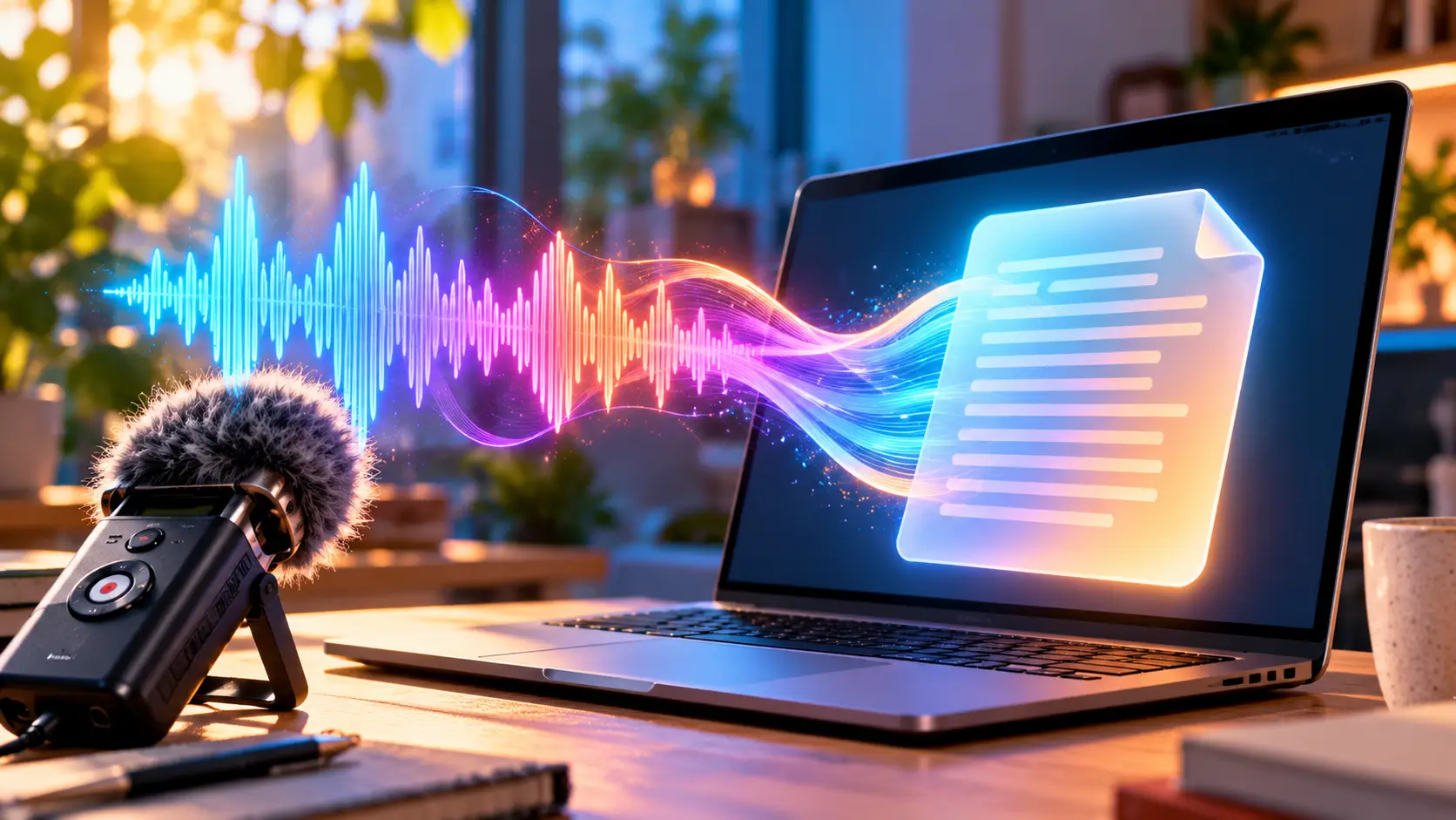 Een kleurrijke geluidsgolf loopt van een audiorecorder naar een laptop, als illustratie van lokale AI-transcriptie.