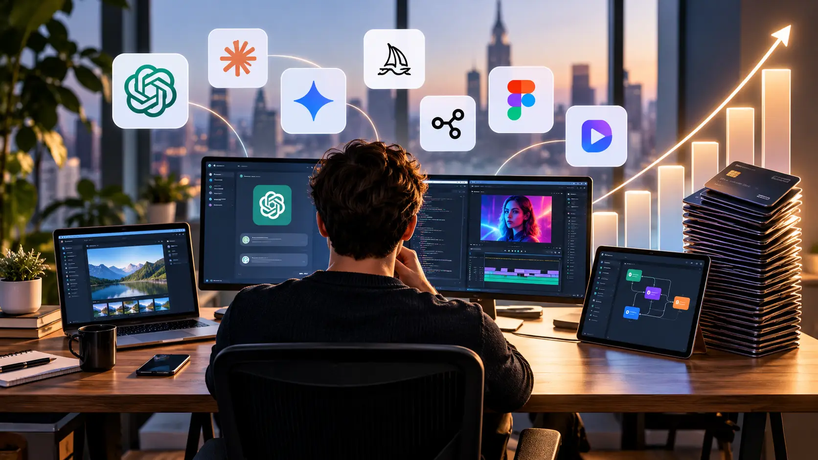 AI-grootverbruiker werkt met verschillende AI-tools op meerdere schermen, met betaalkaarten en een stijgende uitgavengrafiek.