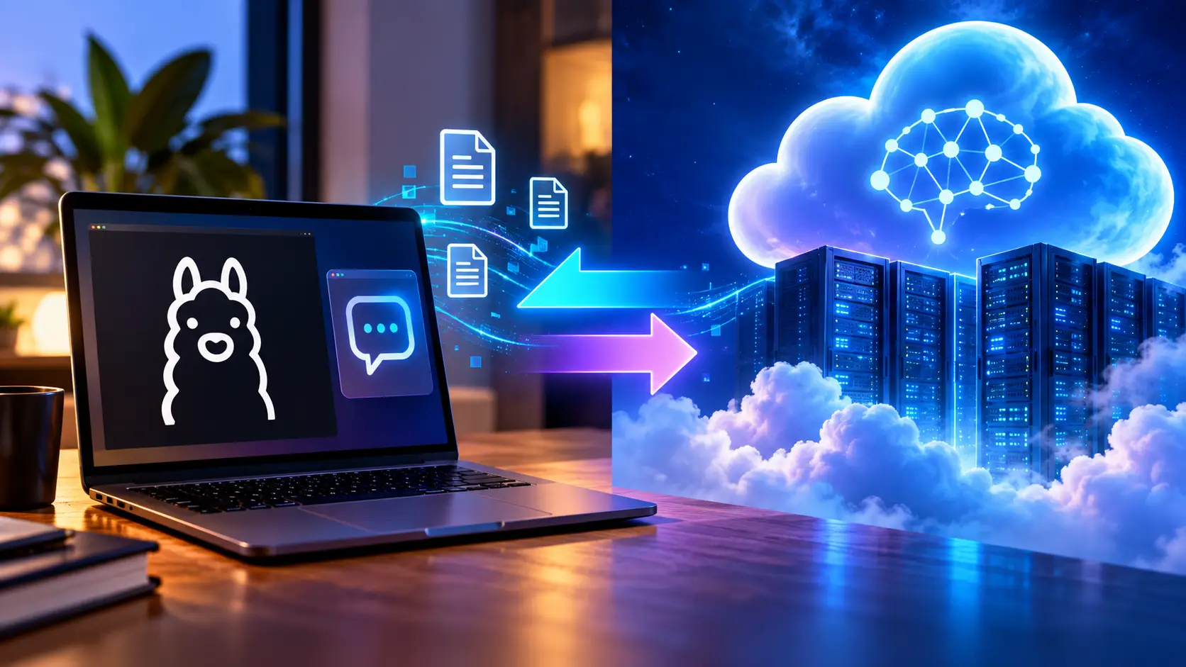 Laptop met lokale AI tegenover cloudservers, verbonden door datastromen die laten zien dat lokale AI toch de cloud kan gebruiken.