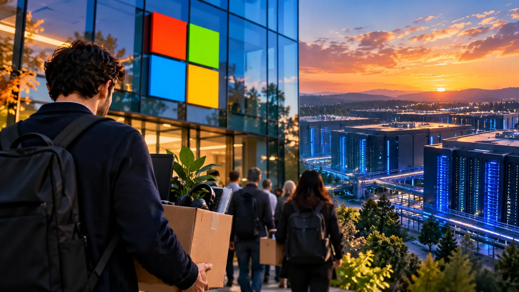 Medewerker met verhuisdoos bij een Microsoft-gebouw, met AI-datacenters op de achtergrond.