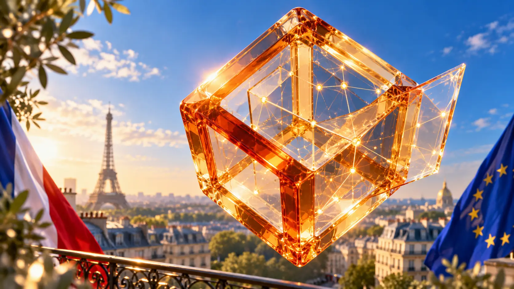 Zwevende oranje glazen kubus met lichtverbindingen, met de Eiffeltoren en Franse en Europese vlaggen op de achtergrond.