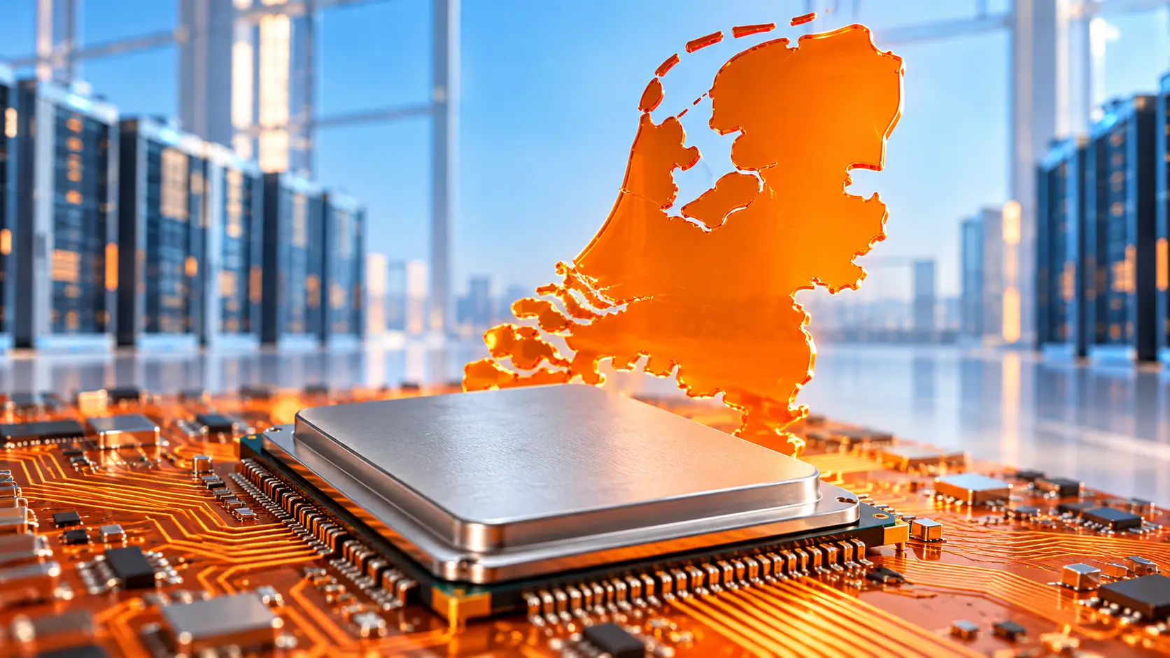 Zilveren AI-chip op een oranje printplaat, met een oranje kaart van Nederland en serverkasten op de achtergrond.