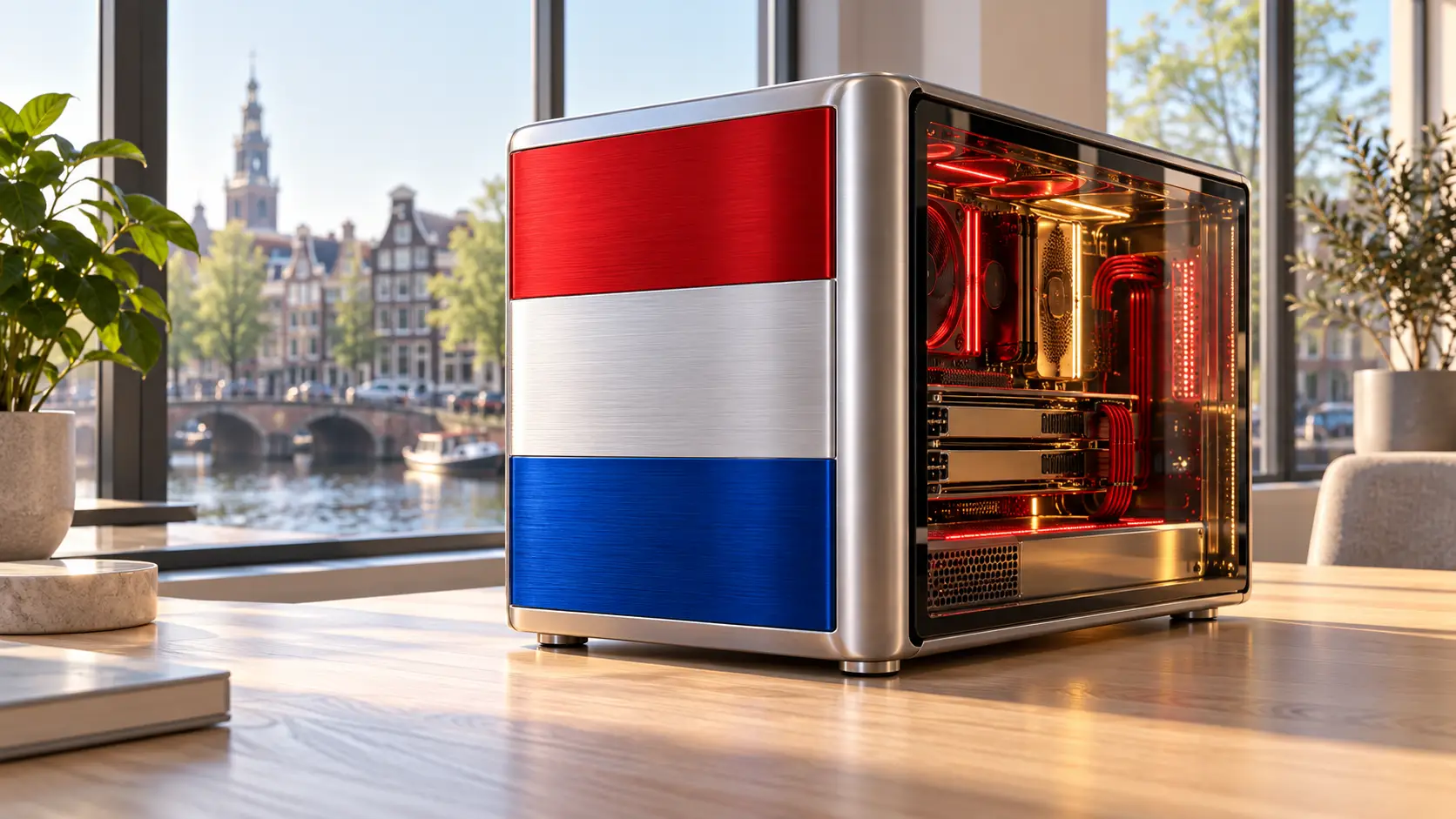 Computer in Nederlandse kleuren met rood-gouden verlichting, voor een raam met uitzicht op Amsterdamse grachten.