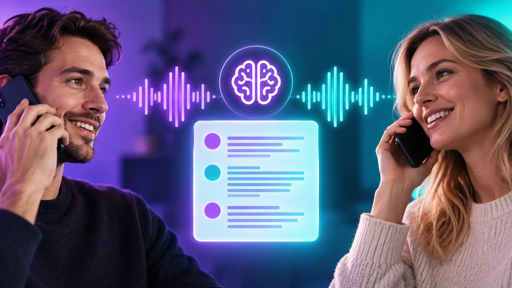 Twee mensen voeren een telefoongesprek terwijl AI-geluidsgolven en een digitale transcriptie tussen hen verschijnen.