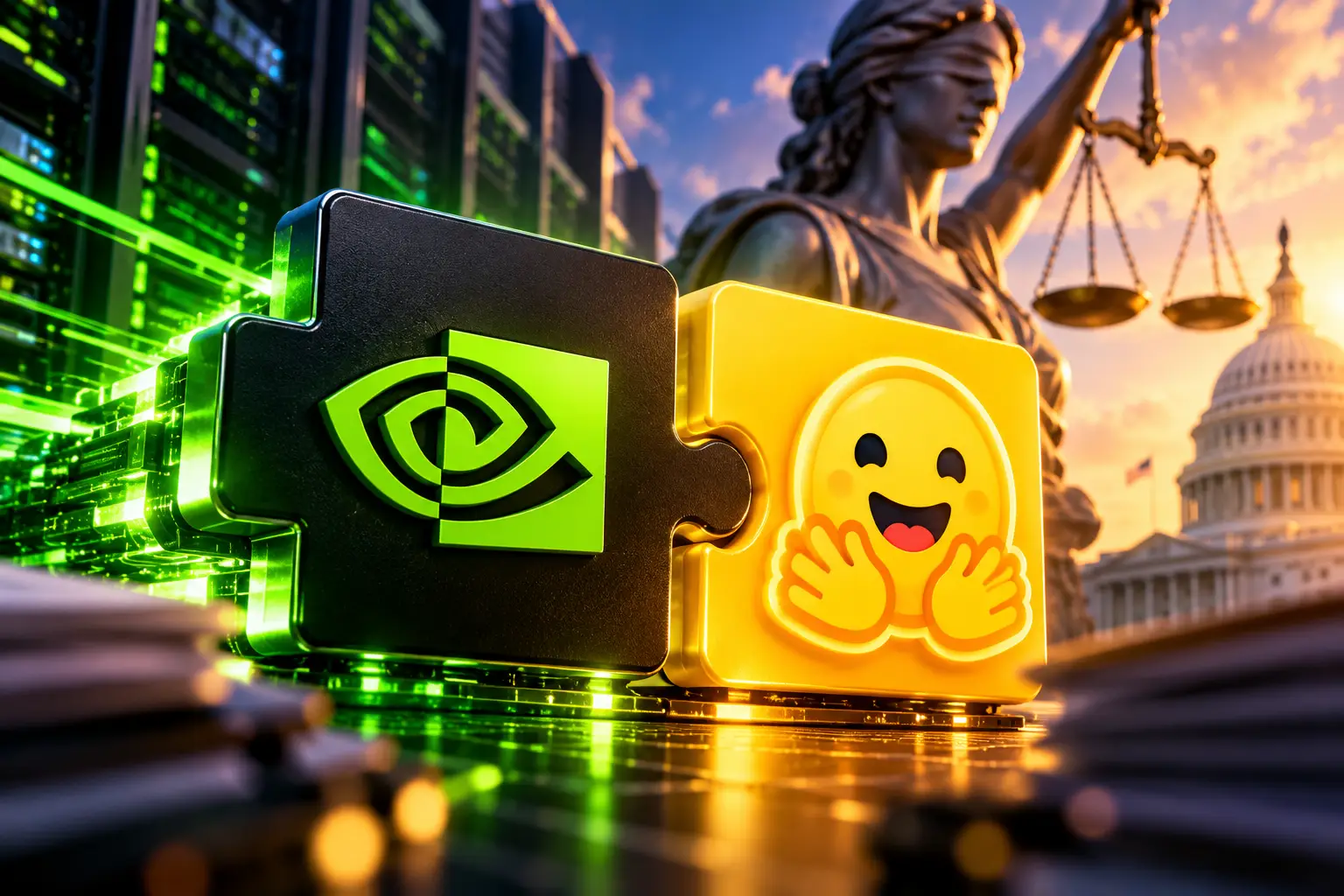 Groene Nvidia- en gele Hugging Face-puzzelstukken schuiven in elkaar, met Vrouwe Justitia en het Capitool op de achtergrond.