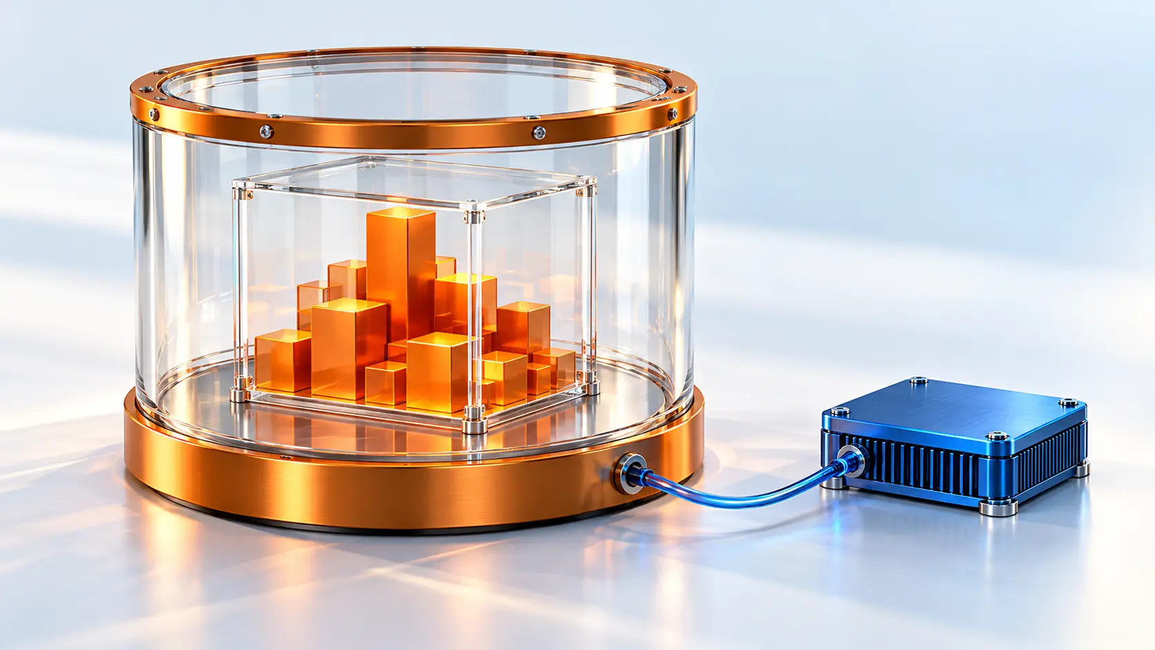 Blue computing unit connected to orange blocks inside nested glass enclosures, illustrating controlled AI code execution.
