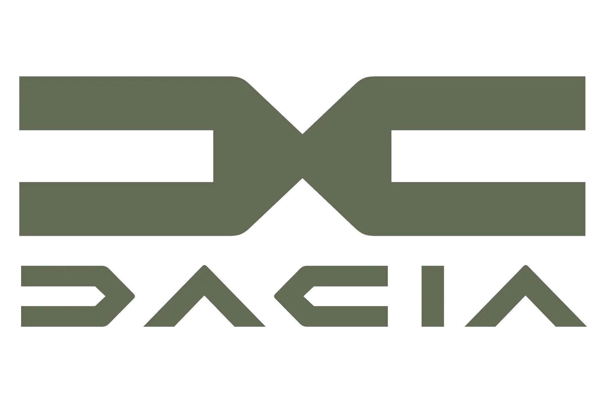 il logo della dacia in verde oliva. è composto da una D iniziale collegata subito dopo da una C e sotto è presente il nome completo della marca