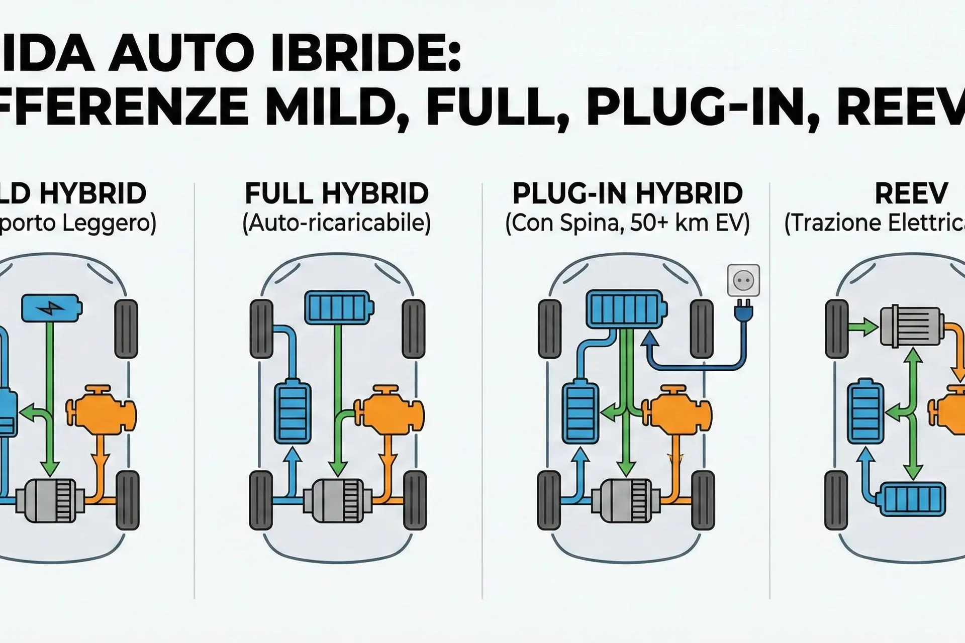 Infografica auto ibride che mostra le differenze tra ibrido mild, full, plug-in e range extender, con le immagini del funzionamento per ogni tipologia
