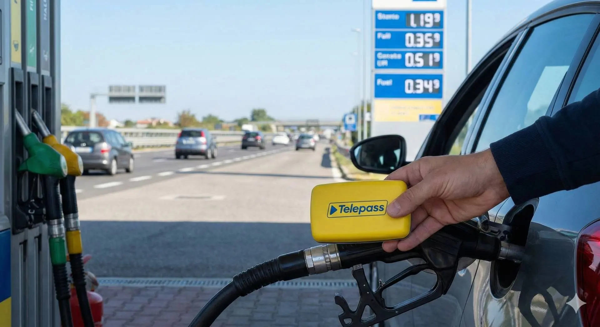 Primo piano di una mano che tiene un dispositivo Telepass giallo accanto a una pistola erogatrice mentre un'auto fa rifornimento in una stazione di servizio autostradale.