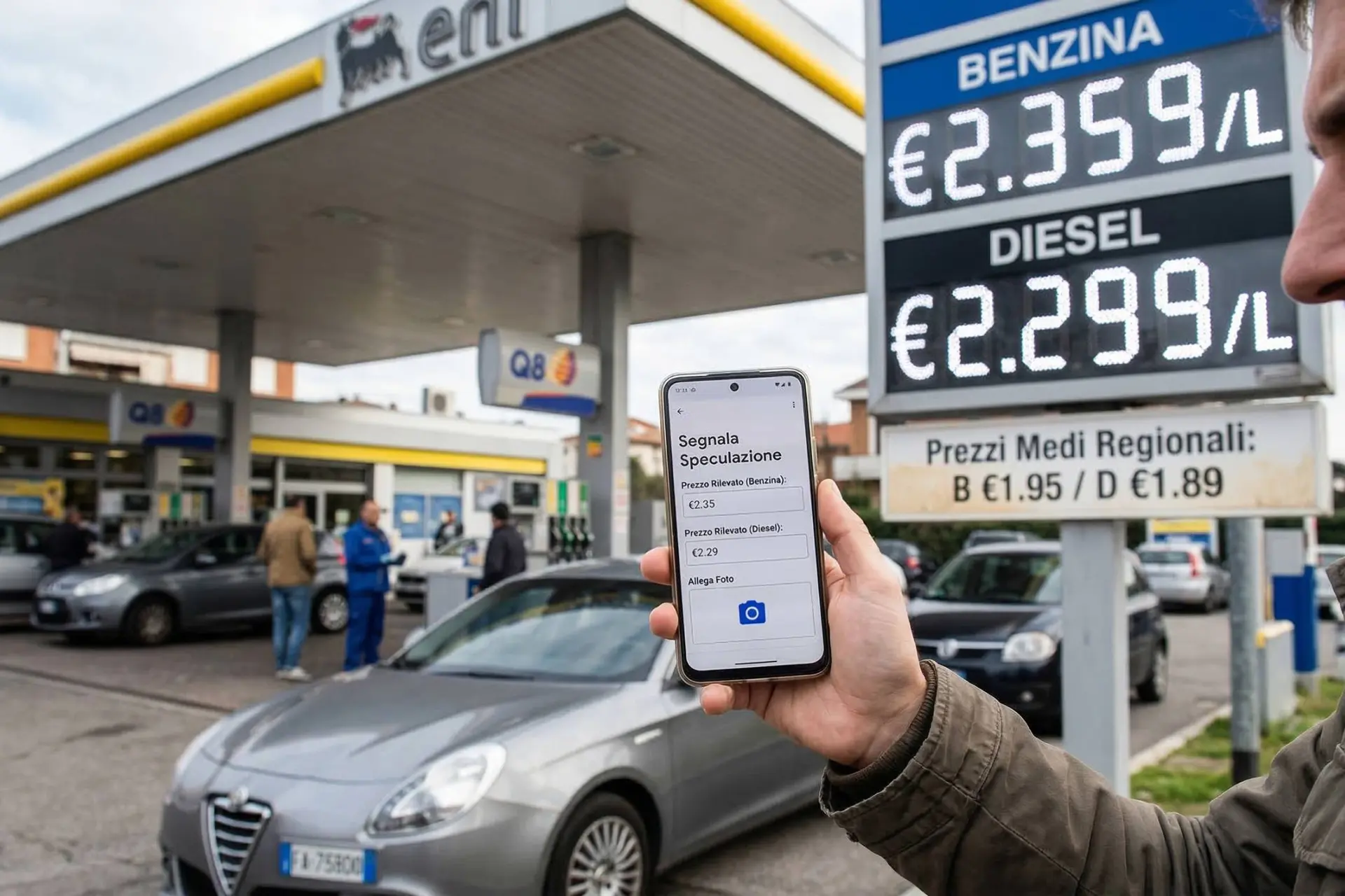 Una persona a un distributore di benzina in Italia scansiona un grande cartello digitale dei prezzi del carburante che mostra tariffe anomale e molto elevate con uno smartphone, utilizzando un'app di reporting per segnalare la speculazione alle autorità