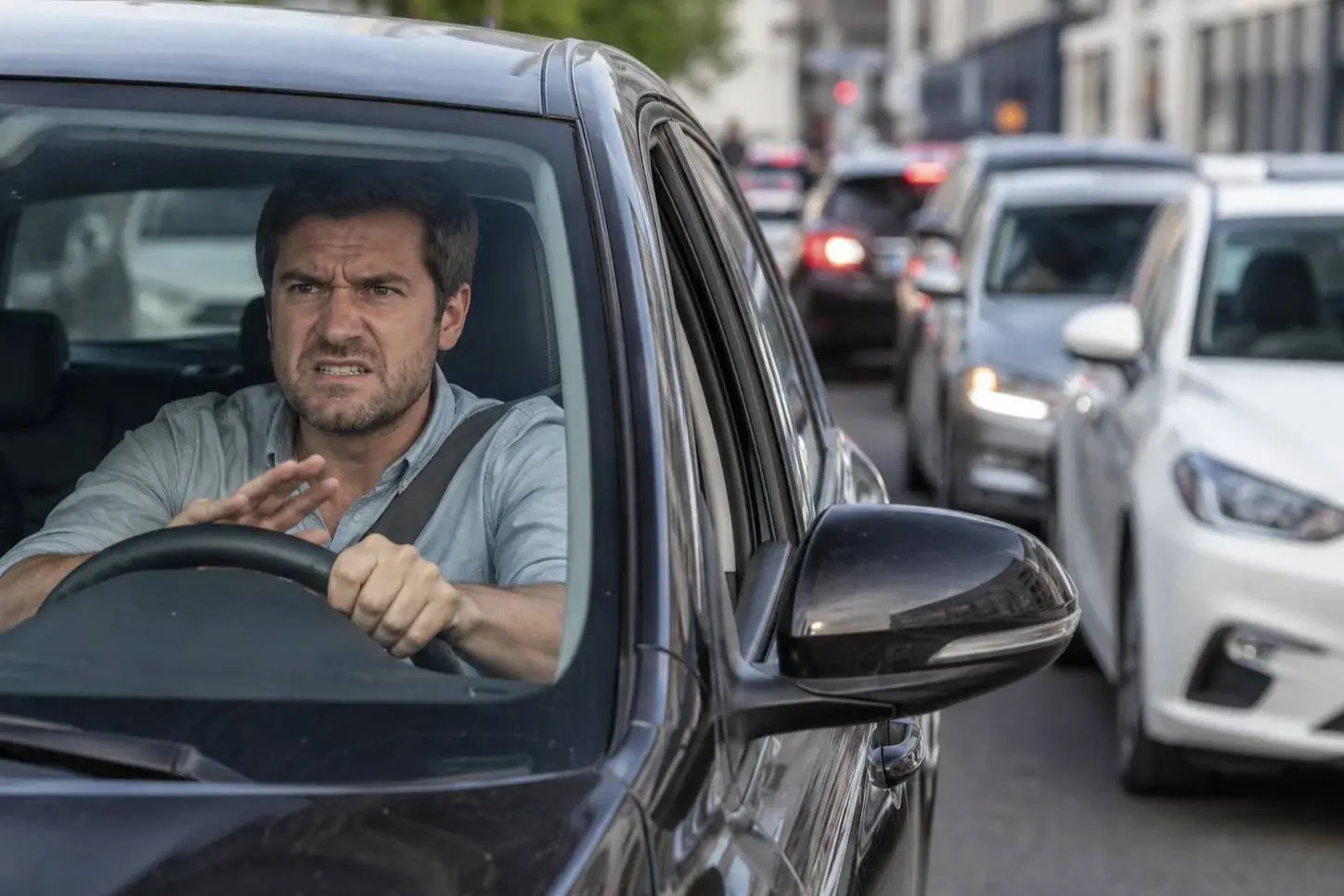 automobilista arrabbiato al volante di una vettura che sta suonando il clacson