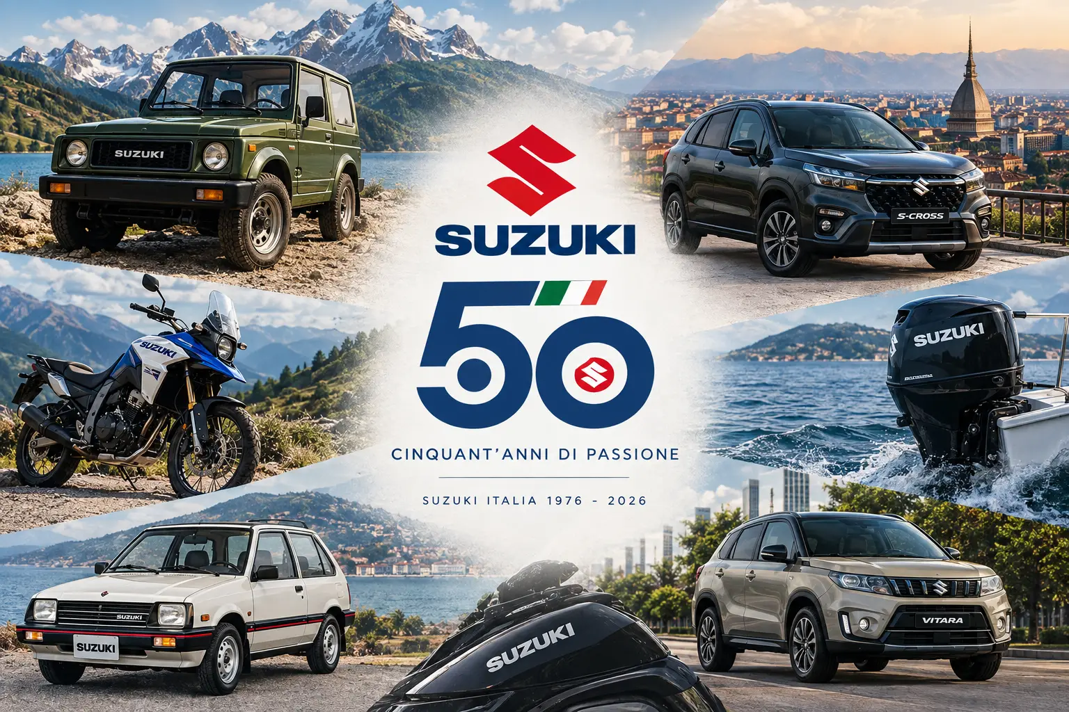 Nell'immagine generata con ChatGPT si vede la copertina dei 50 anni di Suzuki in Italia