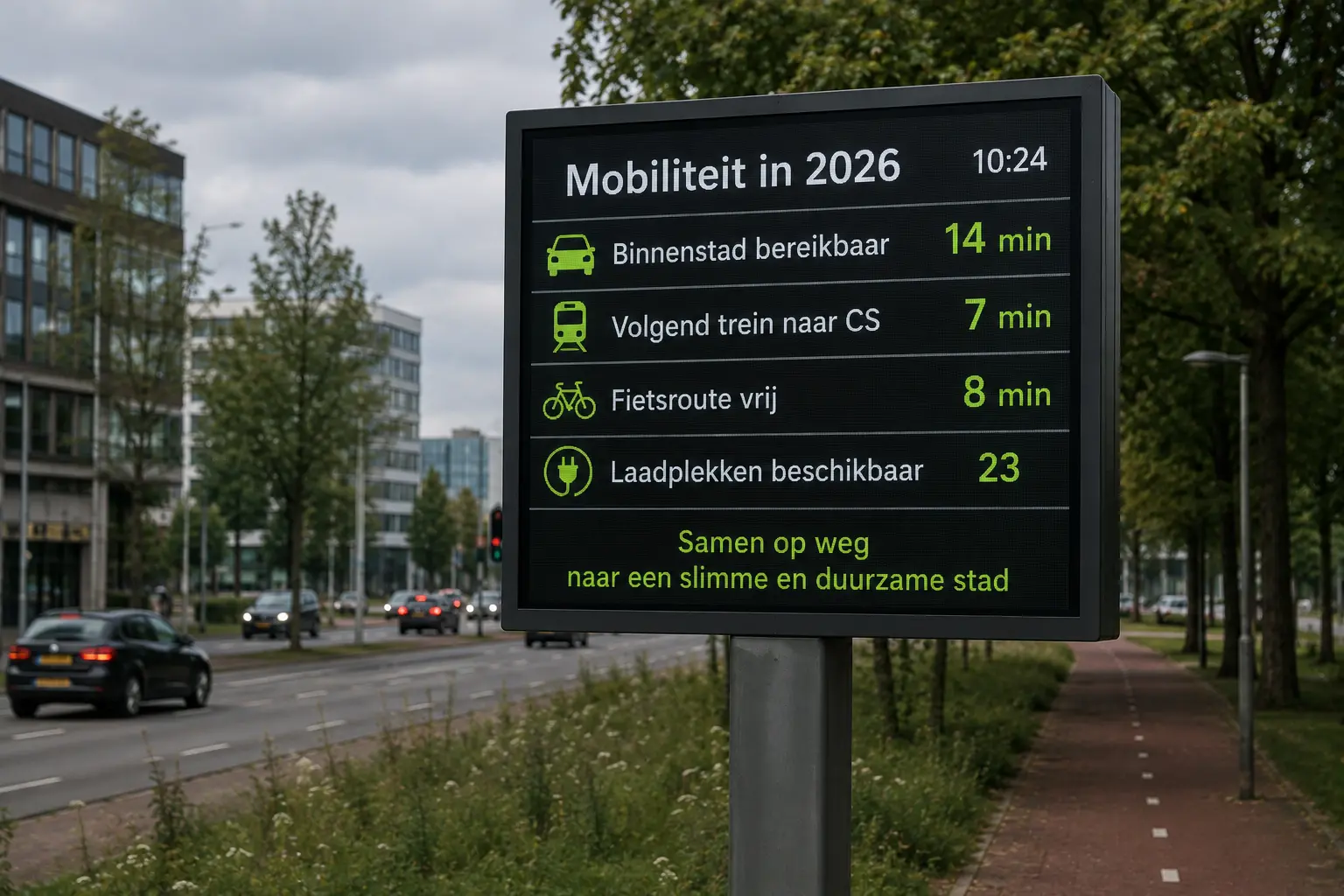 Digitaal 11 mobiliteitsbord langs de stadsweg