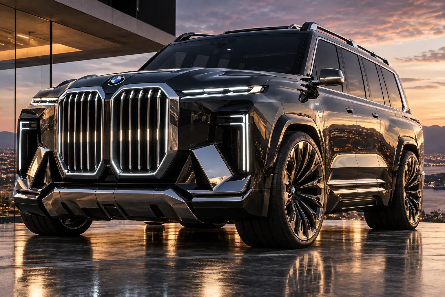 Monumentale BMW SUV bij zonsondergang