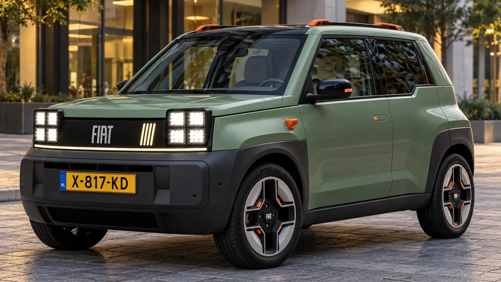 Olijfgroene Fiat-stads-SUV in avondlicht