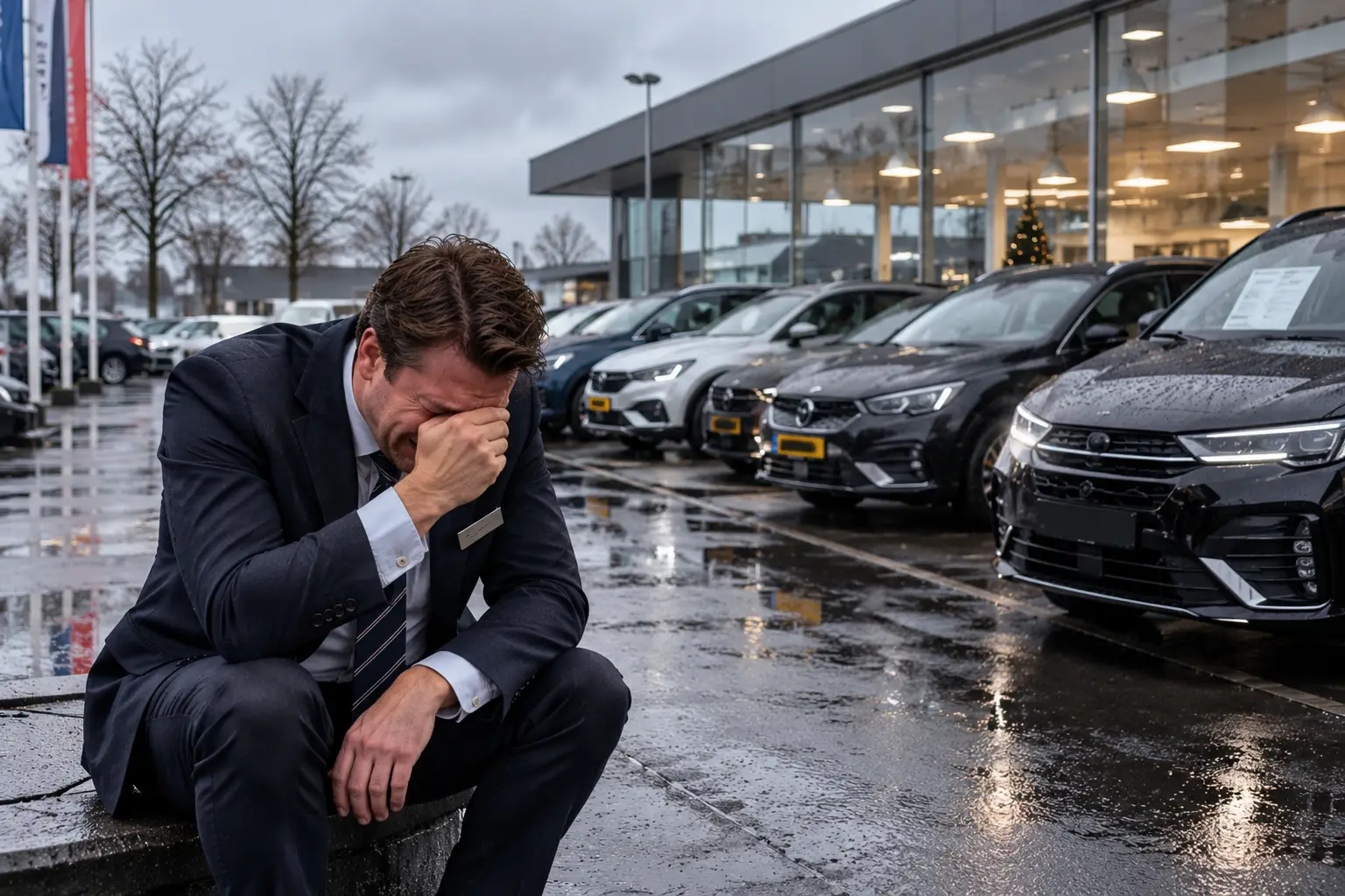 Ontredderde verkoper bij autodealer