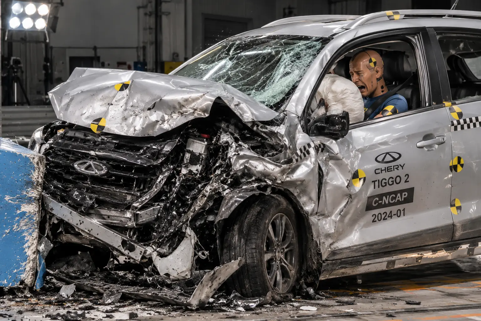 Verongelukte Chery Tiggo 2 in crashtestfaciliteit