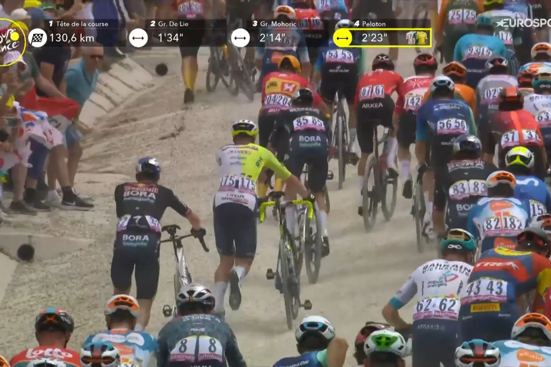 VÍDEO: ¡Sangría en el gravel del Tour de Francia con los ciclistas obligados a correr bajados de la bici!
