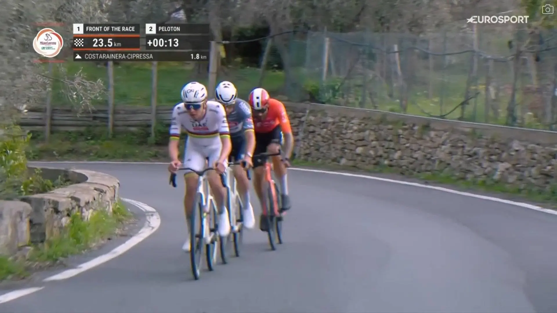 Tadej Pogacar, Mathieu van der Poel y Filippo Ganna revientan el récord de la Cipressa en la Milán-San Remo
