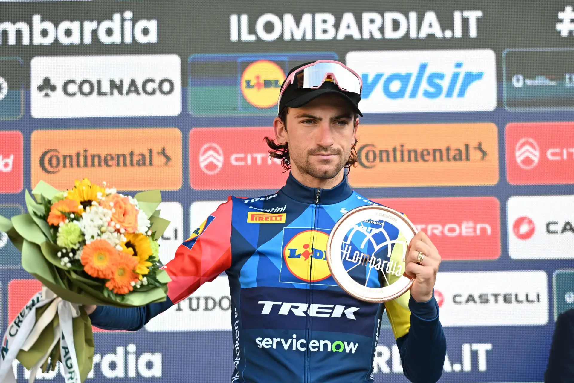 Giulio Ciccone on the final podium of Il Lombardia 2026
