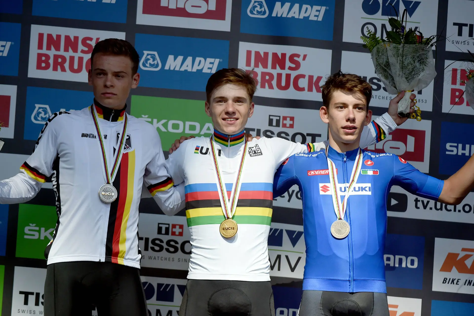 Marius Mayrhofer, Remco Evenepoel and Alessandro Fancellu at the 2018 World Championships
