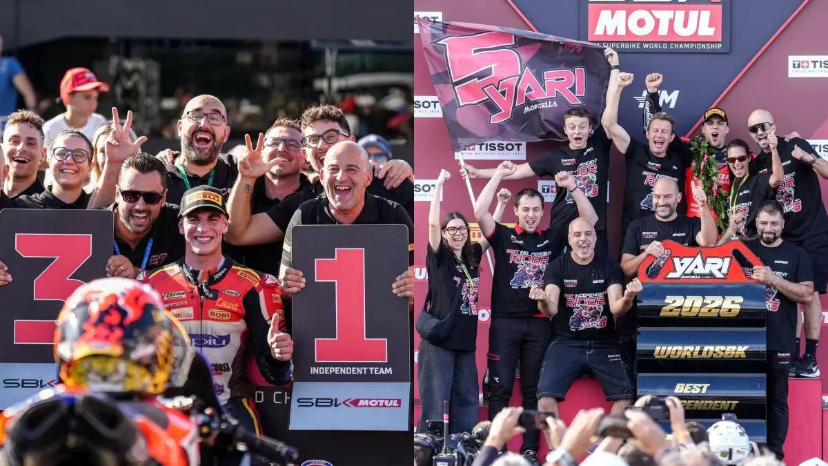 Alberto Surra con il team Motocorsa e Yari Montella con il team Barni in festa dopo le gare Superbike a Estoril