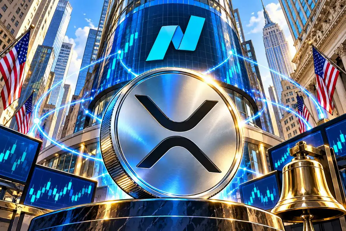 XRP ontmoet Nasdaq in een financiële skyline