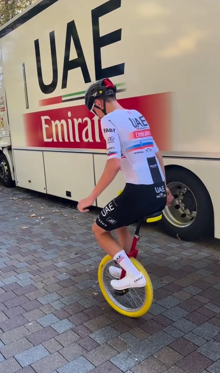 VIDEO: Tadej Pogacar prepares for Giro dell'Emilia by riding unicycle!