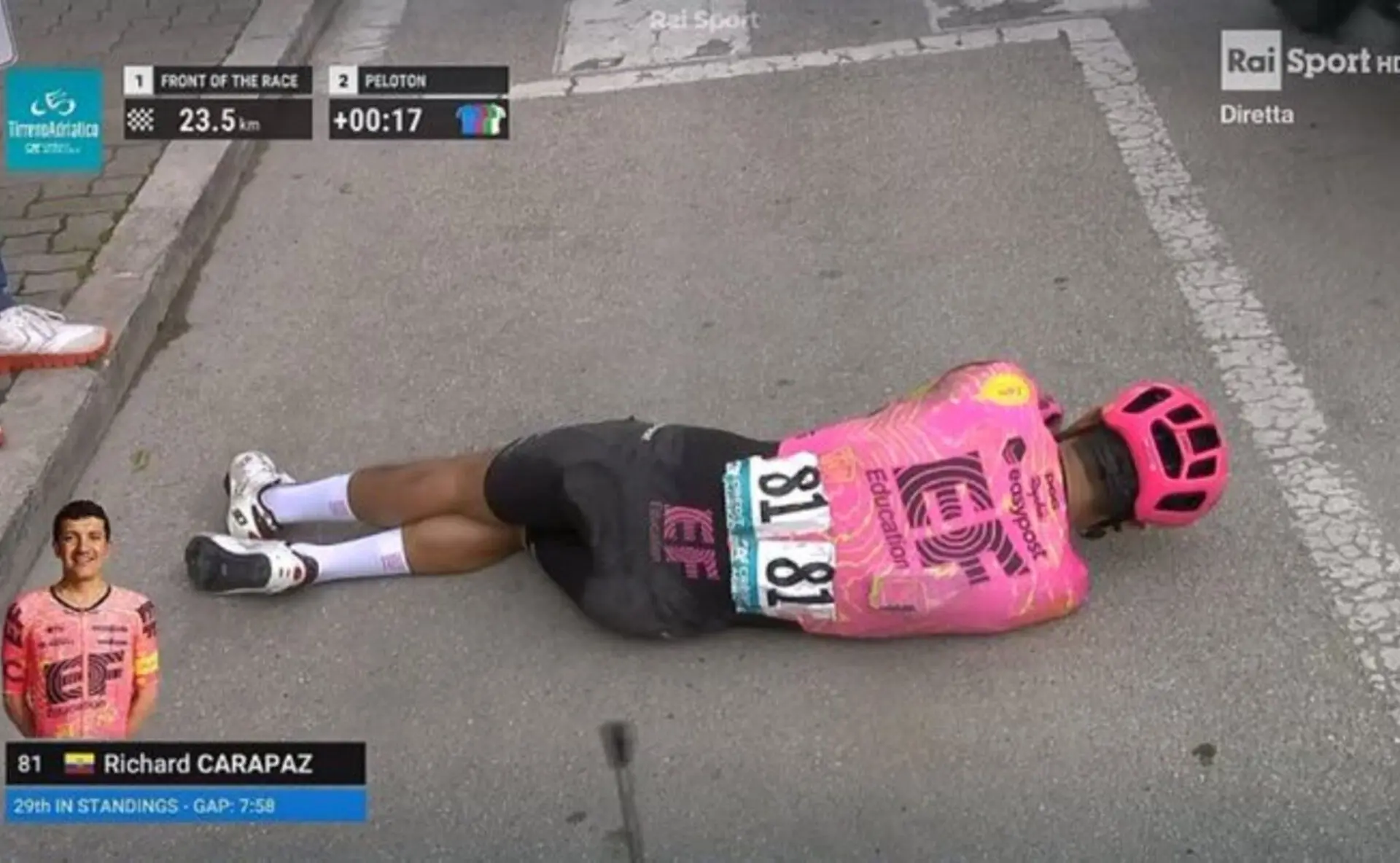 Richard Carapaz escapa sem fracturas após queda aparatosa na Tirreno-Adriatico