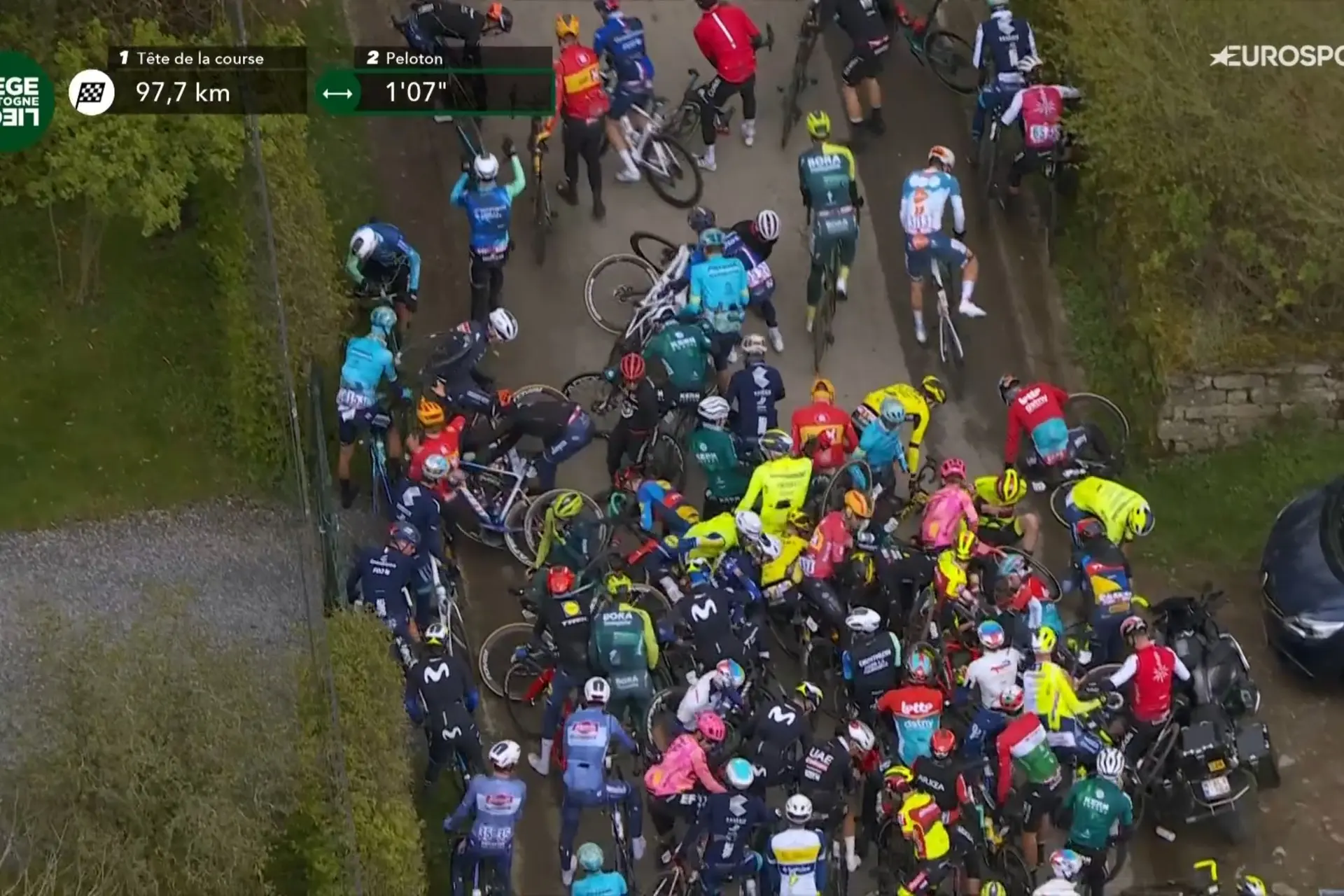 VIDEO: Mathieu van der Poel among riders brought to halt by mass crash in the peloton at Liege-Bastogne-Liege