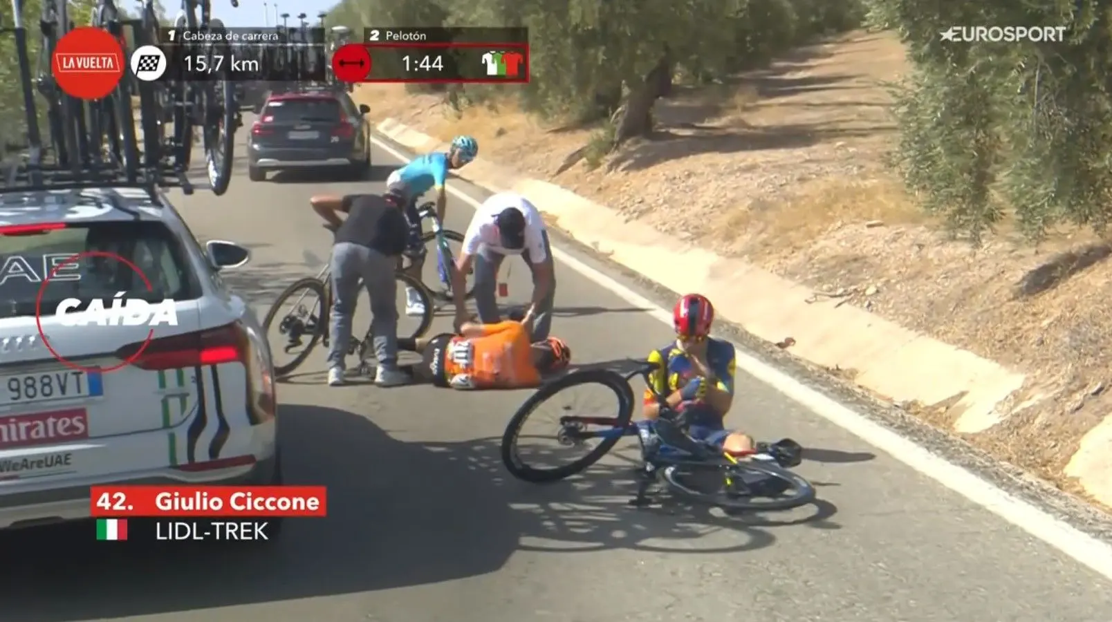 Relatório Médico - Volta a Espanha 8ª Etapa - Dois veados mandam ao chão Giulio Ciccone e Txomin Juaristi e partem uma bicicleta no carro da Euskaltel