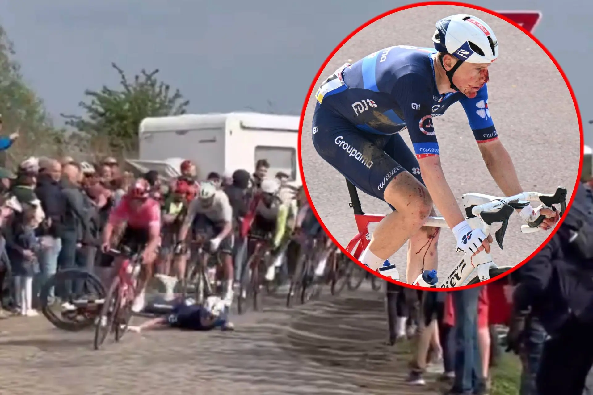 VIDEO - Stefan Kung cai de cara no chão no Paris-Roubaix