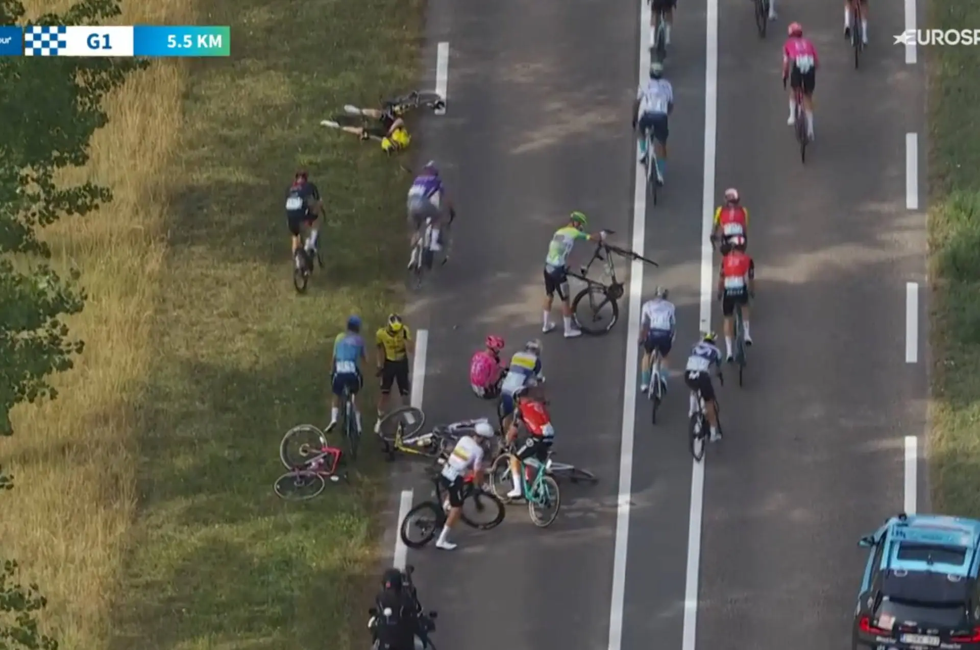 Relatório médico e abandonos da 1ª etapa do Renewi Tour 2025 - Sam Welsford entre os vários sprinters apanhados numa queda perto da meta