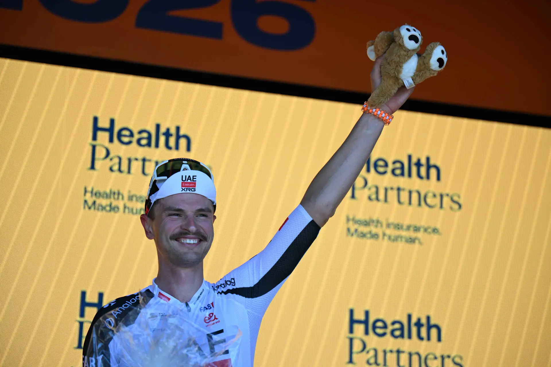 Jay Vine celebrating a stage win at the 2026 Tour Down Under