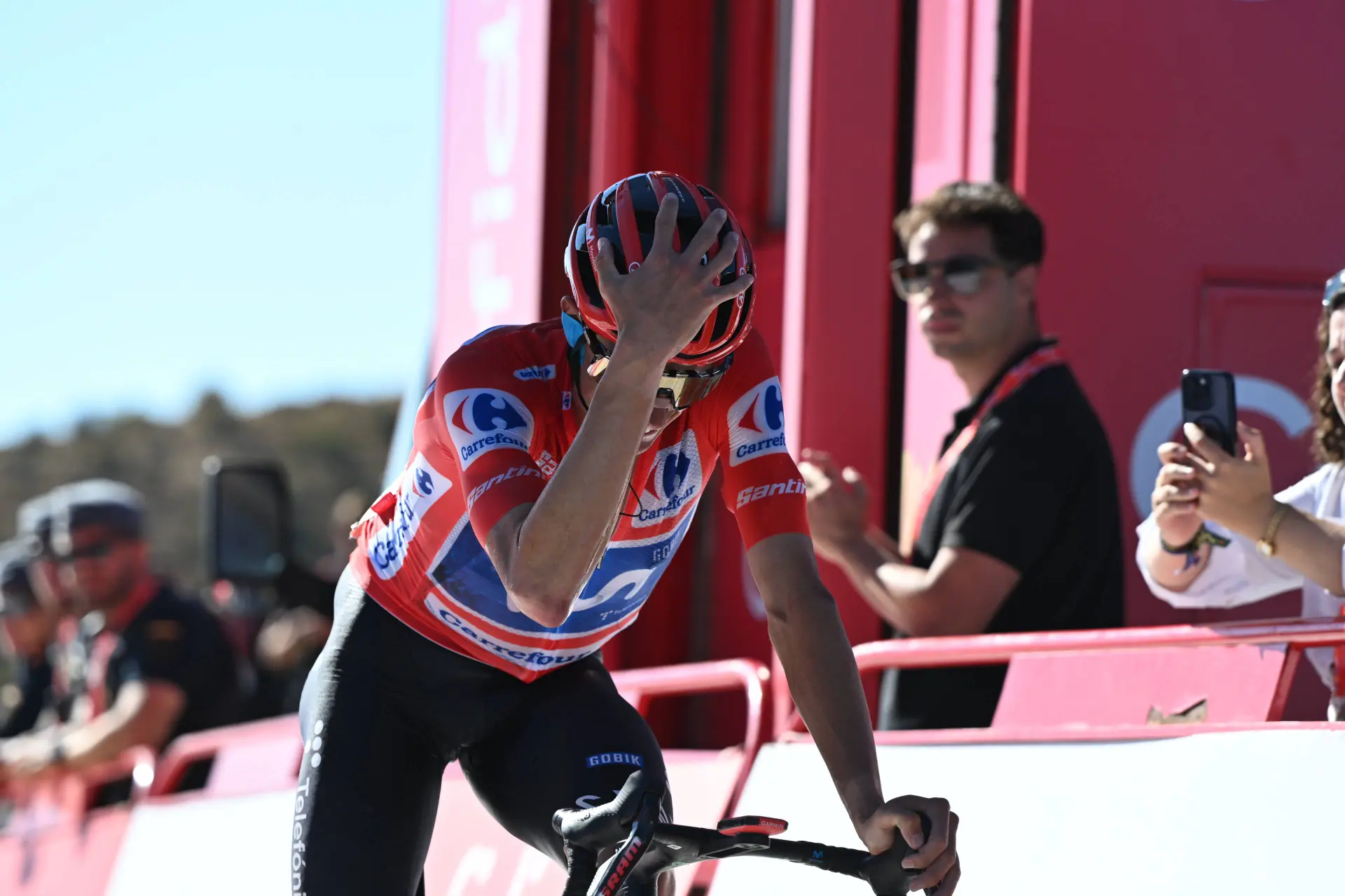 Enric Mas crosses the line on Stage 20 of the 2026 Vuelta a Espana