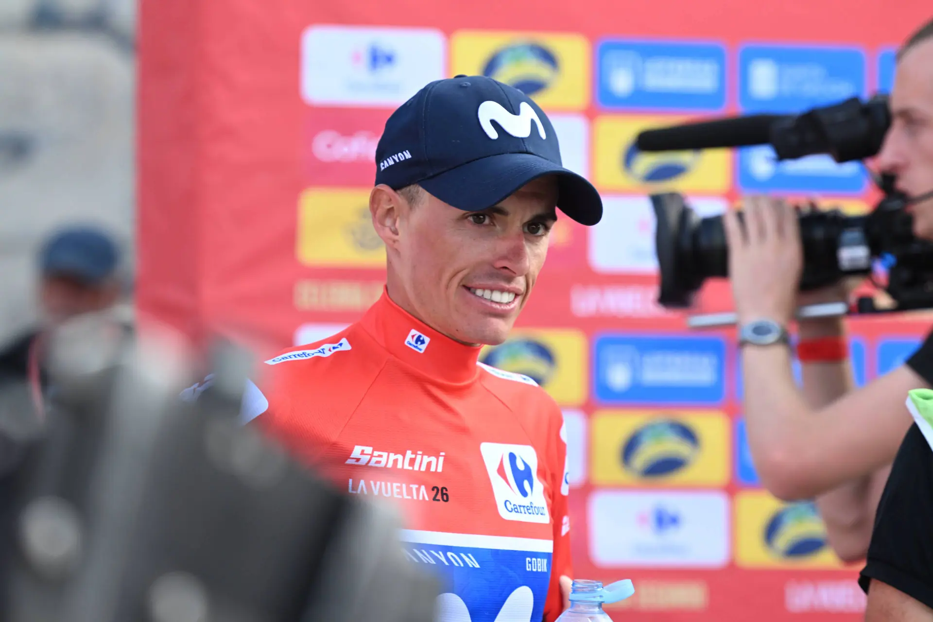 Enric Mas speaking to the media at the 2026 Vuelta a Espana
