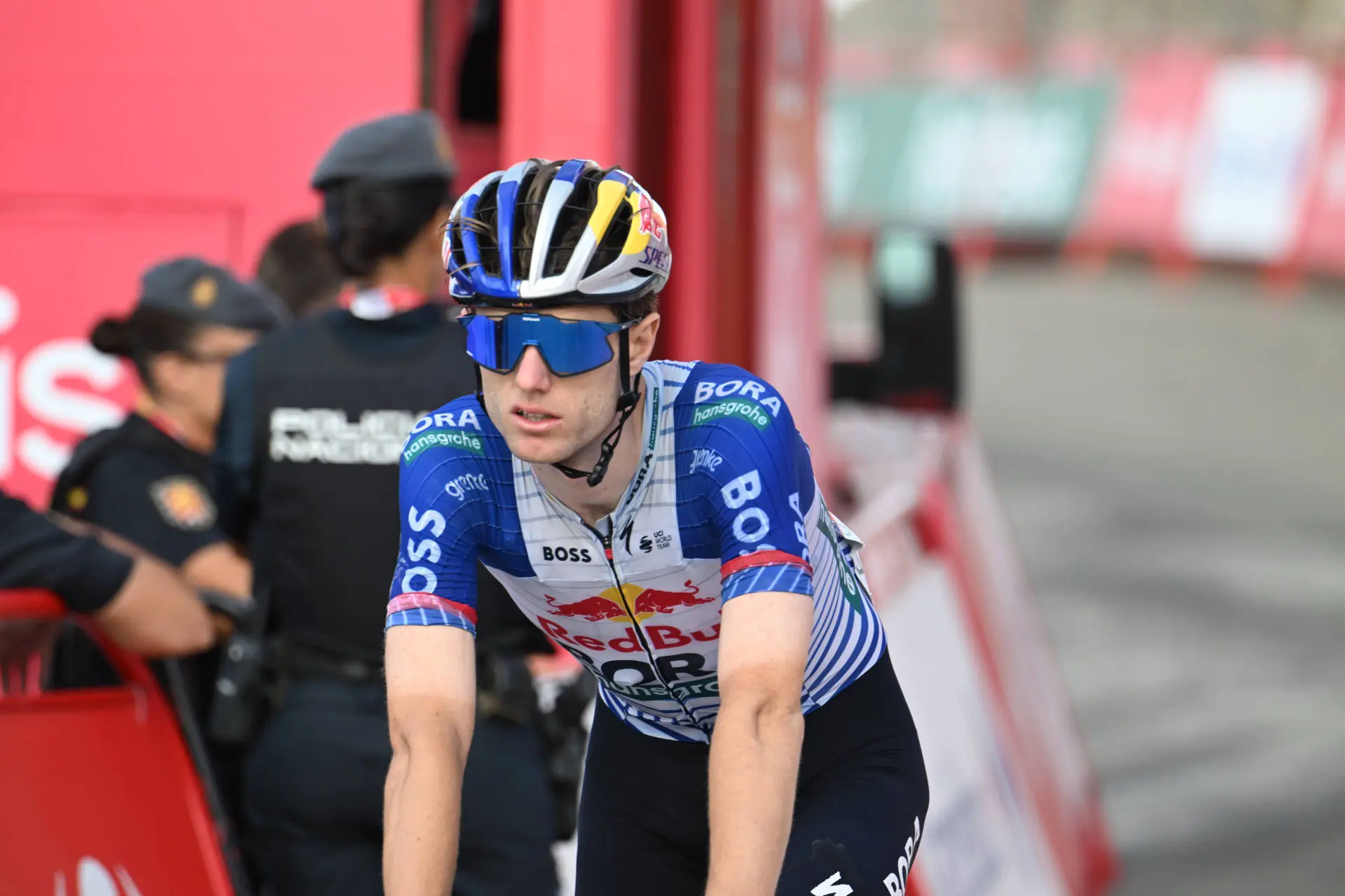 Finn Fisher-Black crosses the line on Stage 14 of the 2026 Vuelta a Espana