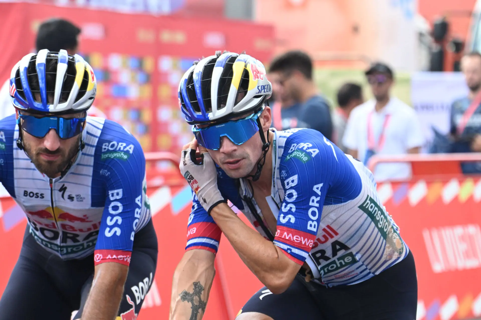 Primoz Roglic crosses the line at the 2026 Vuelta a Espana