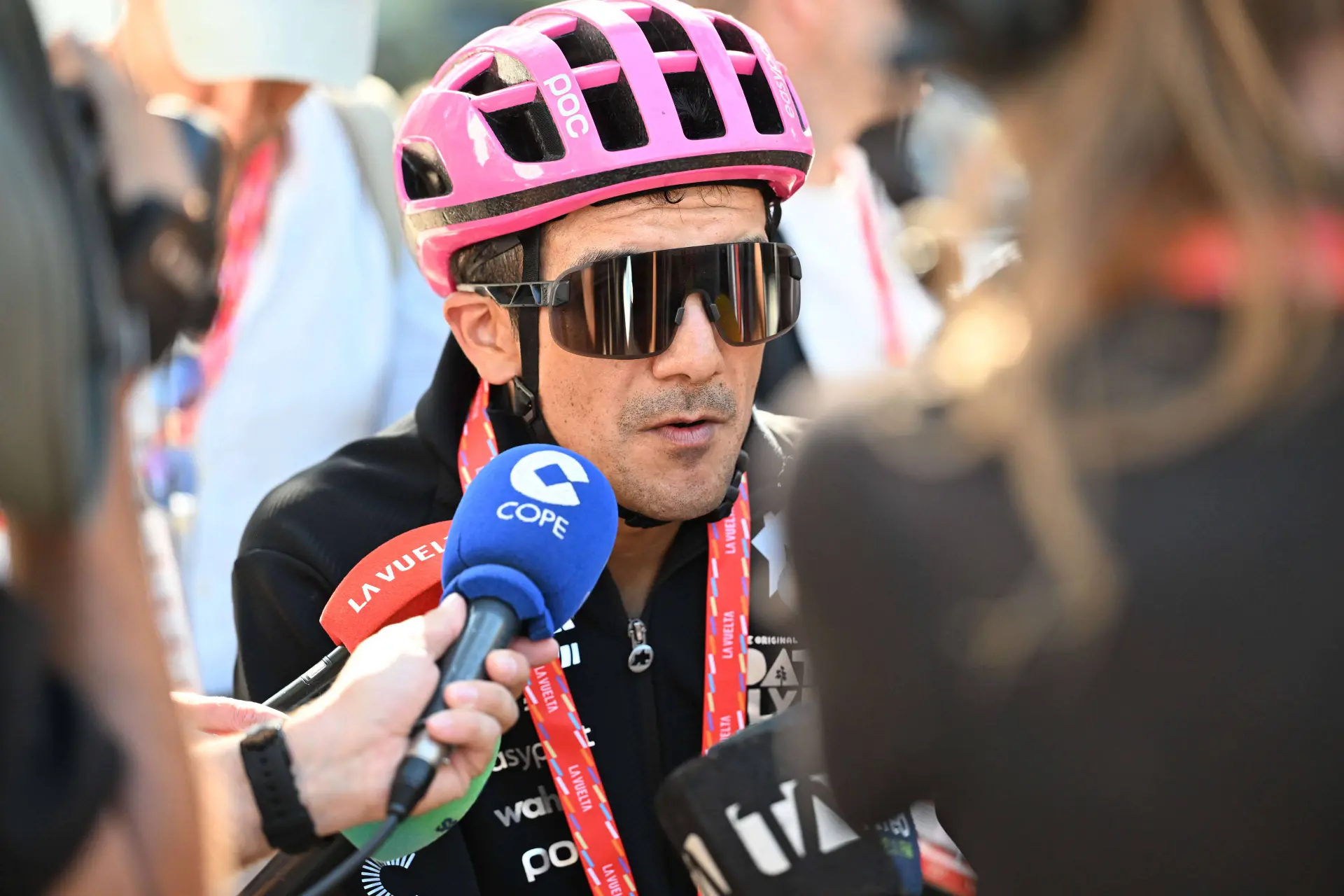 Richard Carapaz speaks to the media on Stage 19 of the 2026 Vuelta a Espana