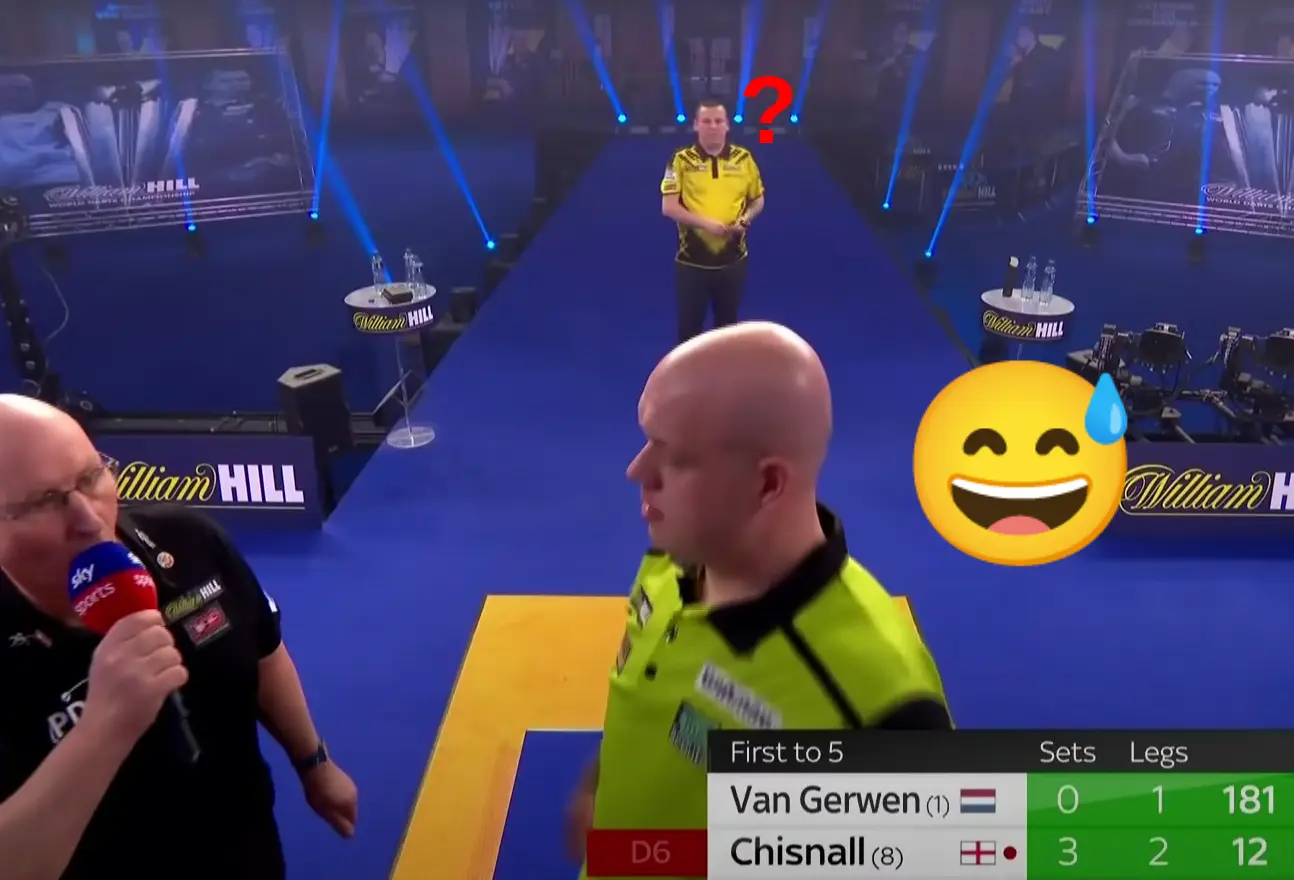 Michael van Gerwen geeft dartles aan Dave Chisnall met deze hilarische actie